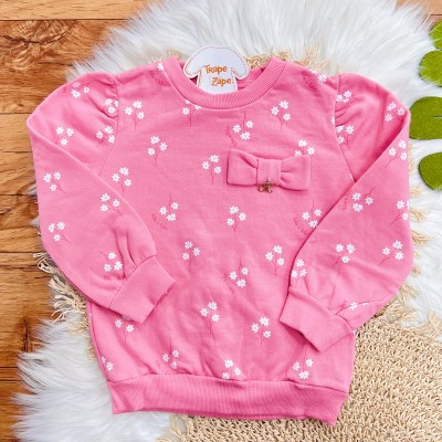 Conj. Casaco Florzinhas Brancas e Calça de Moletom - Rosa